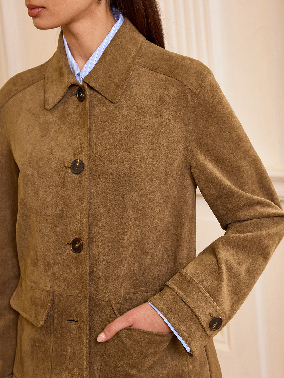Collared Button-Front Suede Blazer