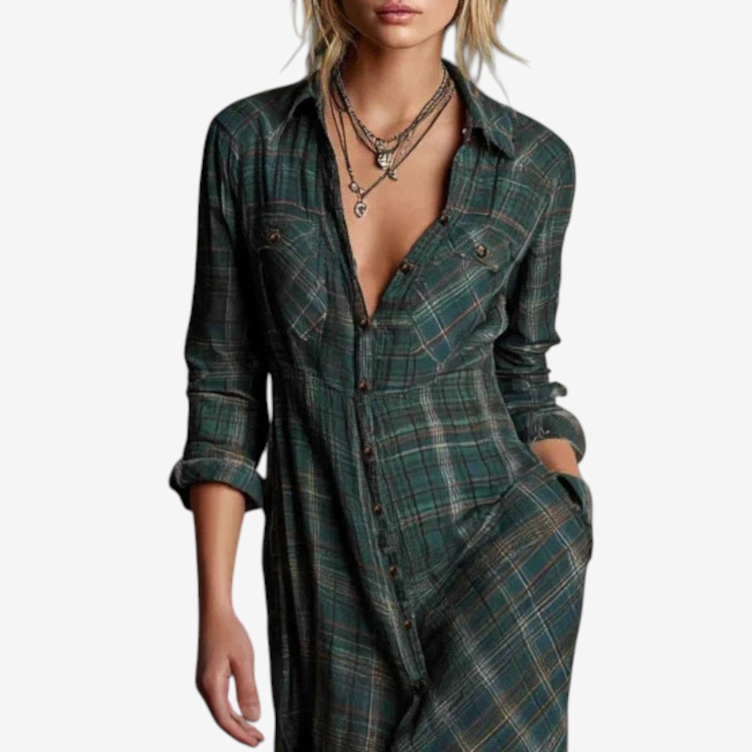 Cecile - Vintage Plaid Maxi Shirt Dress