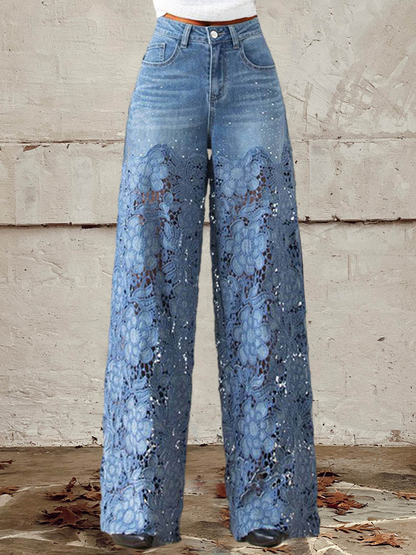 Luna - High-Waist Wide Leg Denim with Lace Detail