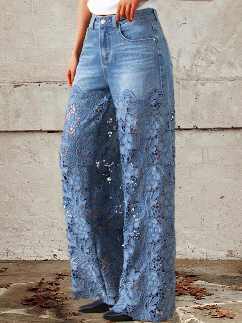 Luna - High-Waist Wide Leg Denim with Lace Detail